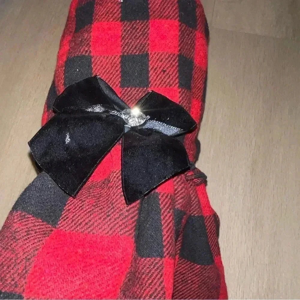 HOLIDAY DOG DRESS BUFFALO PLAID RUFFLE HEM  W BIG BOW & GEMSTONE FOR SMALL DOG